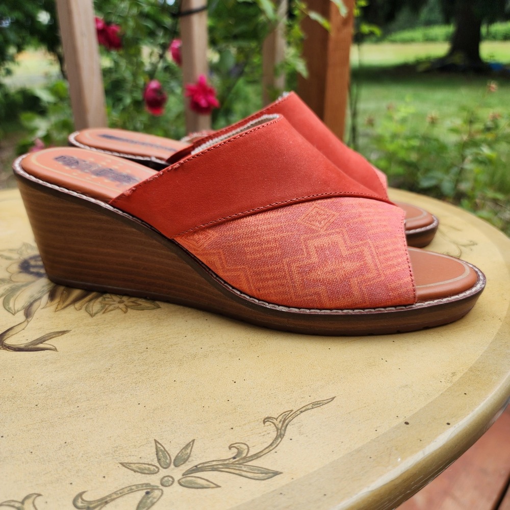 Pendleton US 7.5 Red Leather Fabric Wedge Mule Slide Sandals Boho‎ Quiet Luxury